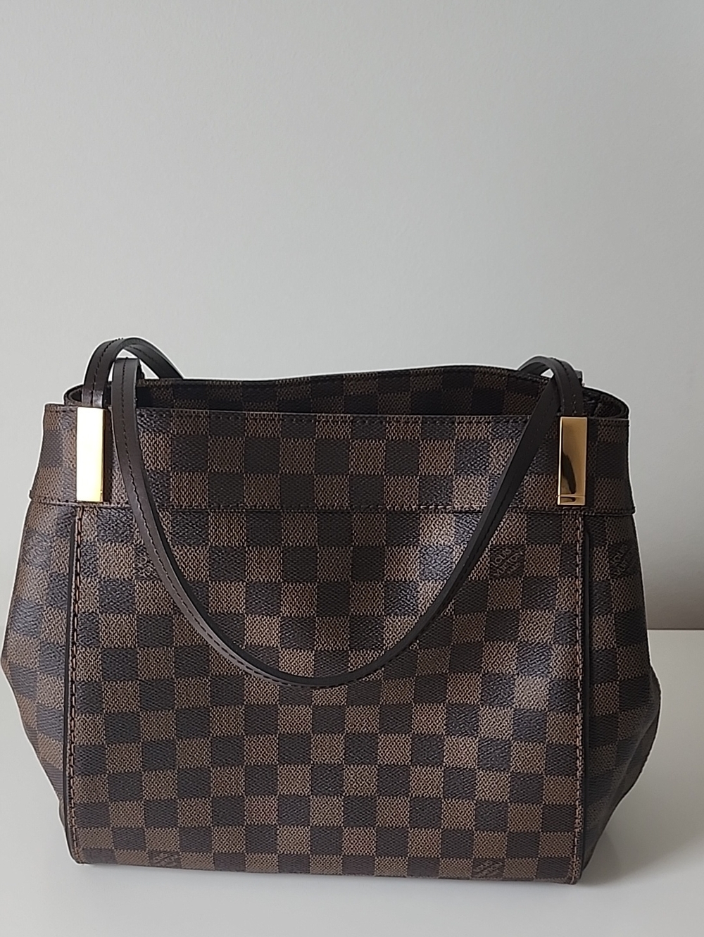 Louis Vuitton Brown Checkered Women's Shoulder Bag with Gold Accents